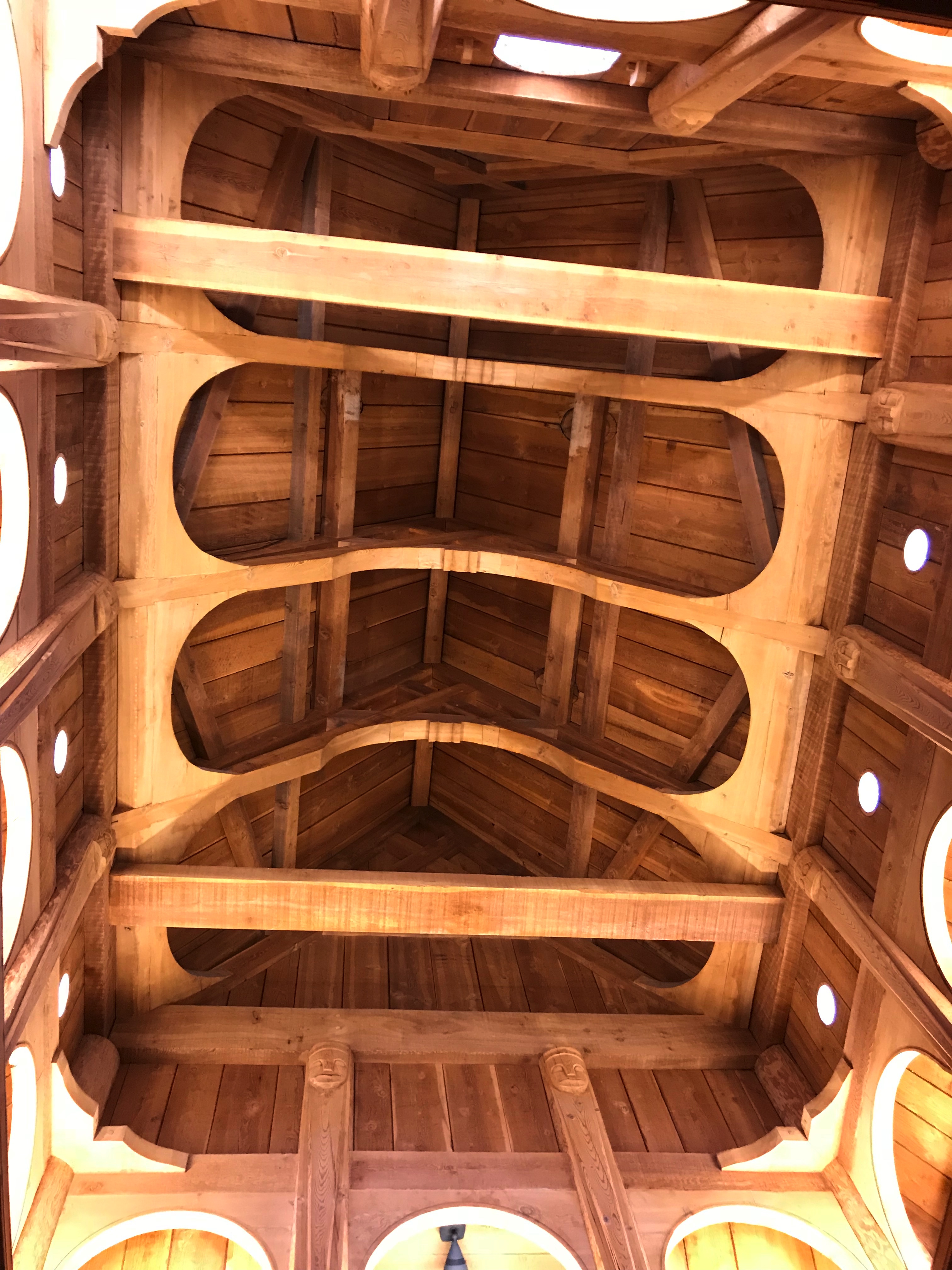 View from below, open wooden rafters of a church 