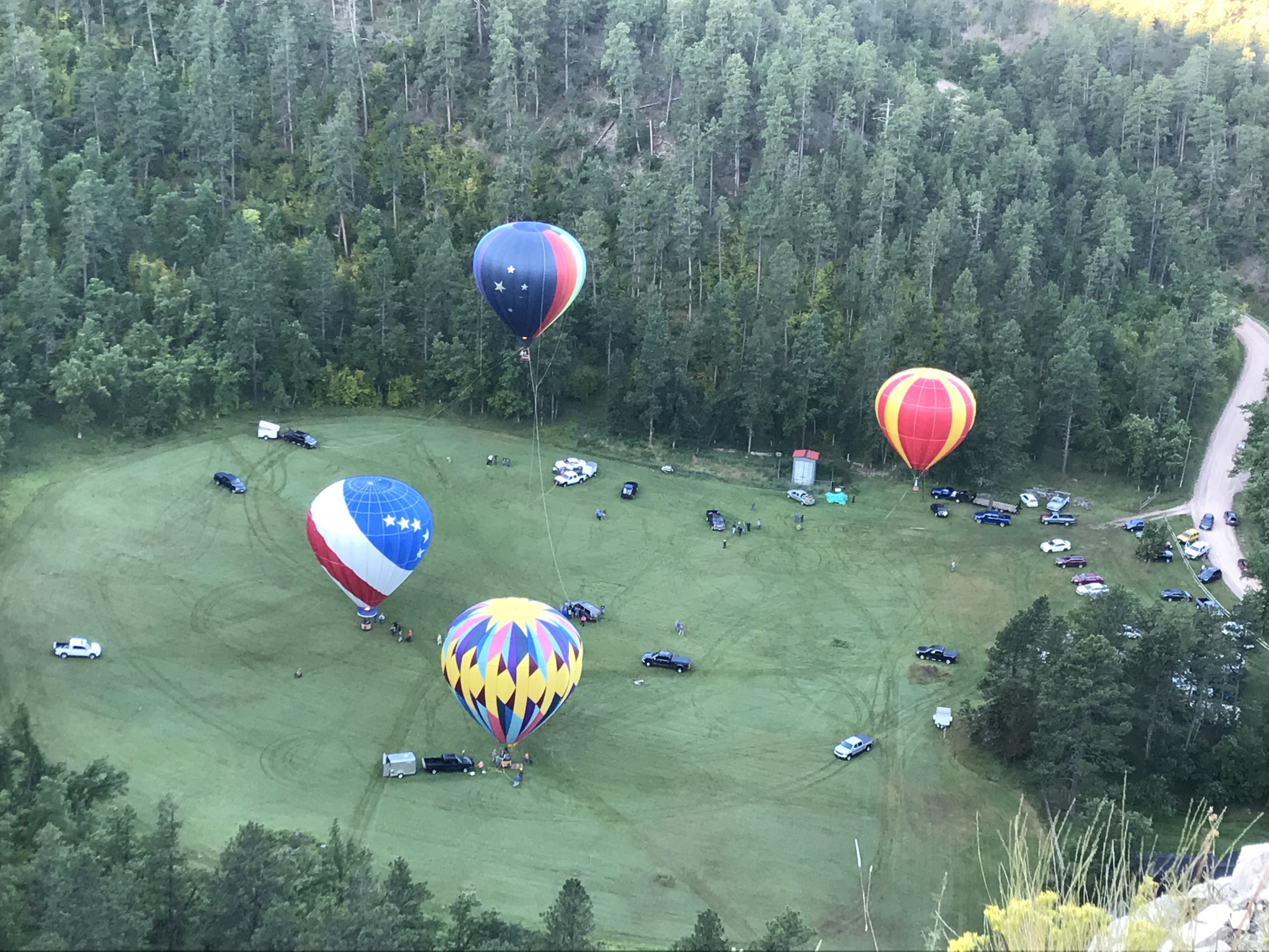 Top view of four colorful, hot air balloons floating near a grassy, valley floor surrounded by pine trees. A few tethers string down from the balloons. Cars and trucks also dot the valley floor.