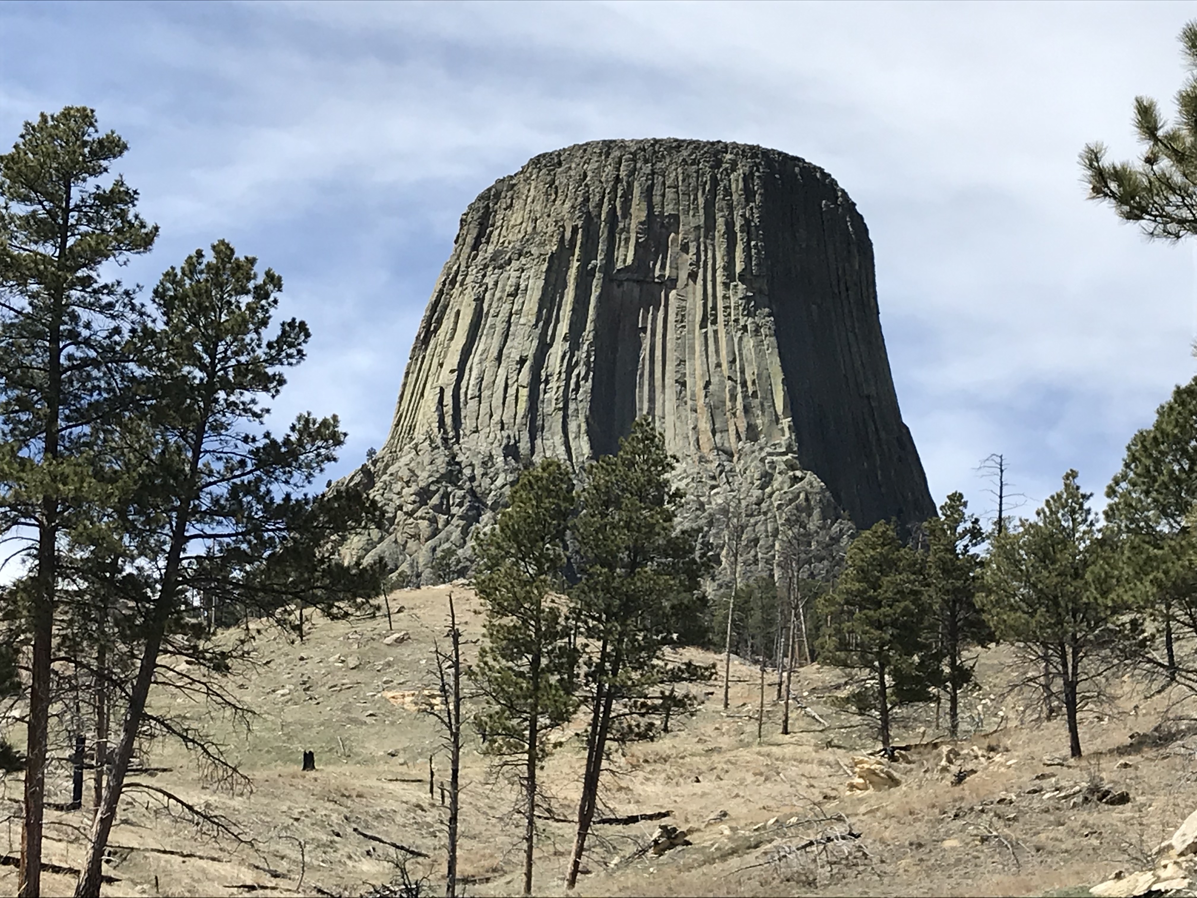 View from the bottom of a brown-grass and sparse, pine tree-covered hill. A tall, rock monolith rises from behind the crest of the hill. 